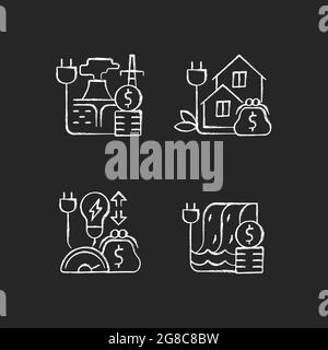 Electrical power cost chalk white icons set on dark background Stock Vector