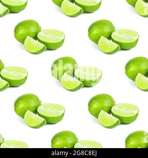 Green limes and lime slices repeat seamless pattern on white background. Stock Photo