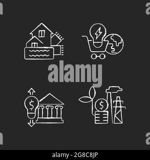Renewable electrical energy cost chalk white icons set on dark background Stock Vector