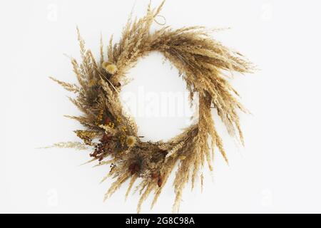 Stylish autumn rustic wreath isolated on white. Creative boho wreath with dried pampas grass, tansy wildflowers, wheat, dog-rose berries on white wall Stock Photo