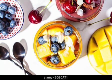 Mango smoothie in jar, top view. Healthy food concept, vegan breakfast. Stock Photo