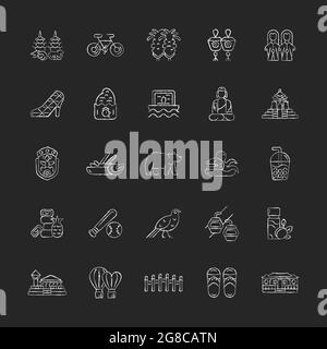 Taiwan chalk white icons set on dark background. Stock Vector