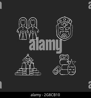 Asian ceremonial white linear icons set for dark theme. Stock Vector