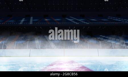 Blank ice skates background mock up, front view, 3d rendering. Empty training sporty space with tribunes for fans mockup. Cold skating-rink for winter Stock Photo