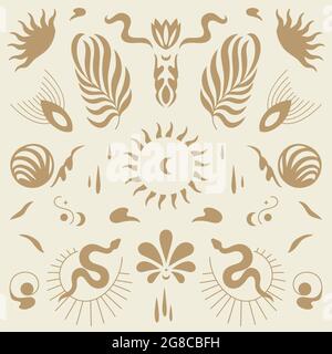 Vector design linear icons and emblems - mystery boho style. Seamlee pattern. Stock Vector