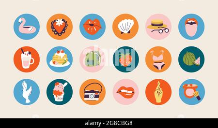 Vector set street food icons for social media stories or avatar template. Junk food or fast food badges. Stock Vector