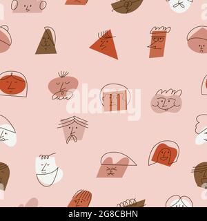 Vector illustration contemporary abstract faces with different emotions. Different colorful characters. Seamless pattern. Stock Vector