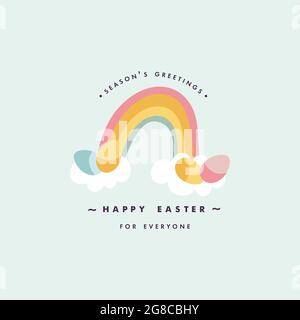 Vector design Easter egg with colorful rainbow and clouds. Typography and icon for greeting card. Stock Vector
