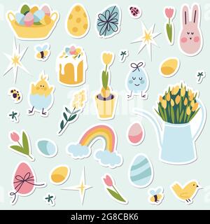 Colorful vector patch badges with Happy Easter icon. Vector linear design Easter greetings elements. Vector stickers, pins for spring holidays. Stock Vector