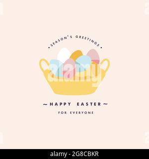 Vector design easter basket full of colorul eggs. Typography and icon for greeting card. Stock Vector