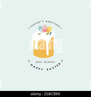 Vector design Easter cake with colorful eggs on the top. Typography and icon for greeting card. Stock Vector