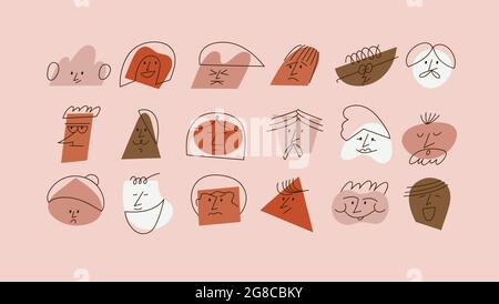 Vector illustration contemporary abstract faces with different emotions. Different colorful characters. Social media story highlight. Stock Vector