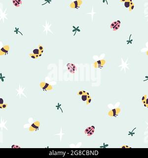 Vector illustration insect seamless pattern. Naive ladybugs and bees leaves on the blue background. Beautiful summer print. Stock Vector