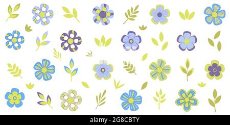 Colorful flowers and leaves flat set. Vector on white background. Stock Vector