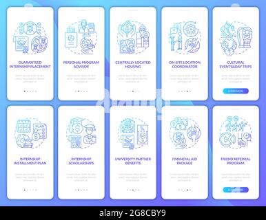 Traineeship programs onboarding mobile app page screens set Stock Vector