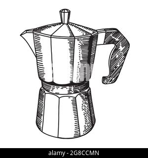 Moka pot coffee maker vector sketch hand drawn, black and white, isolated on a white background. Stock Vector