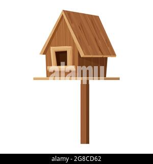 Wooden birdhouse, place for nest, empty decoration in cartoon flat style textured object isolated on white background. Springtime decoration, hanging home. . Vector illustration Stock Vector