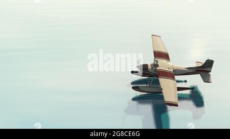 Retro seaplane. 3D render. A plane flying over water Stock Photo