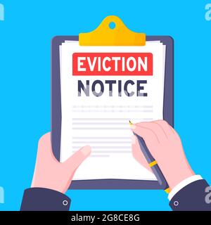 Hand holds eviction notice legal document with stamp, paper sheets and file vector illustration flat style design. Stock Vector