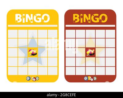 Yellow And Red Blank Copy Space Bingo Card Cut Out Decorated With Text Beach Ball sunglasses pebbles and bingo balls Over White Background Stock Vector