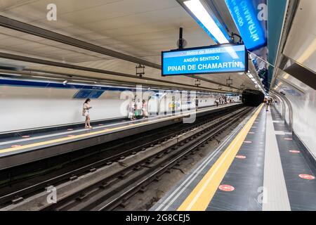 MADRID, SPAIN - Jul 16, 2021: Train platform on the Reopening of the modern Gran Via metro station in Madrid, Spain Stock Photo