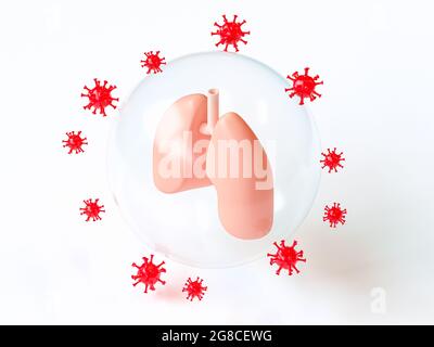 Human lungs protected by shield from virus attack, corona-virus pandemic theme, 3d illustration inspired by flat design Stock Photo