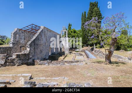 Ruins of the early Christian Basilica of Paleopolis ancient city in Corfu city, Corfu Island in Greece Stock Photo