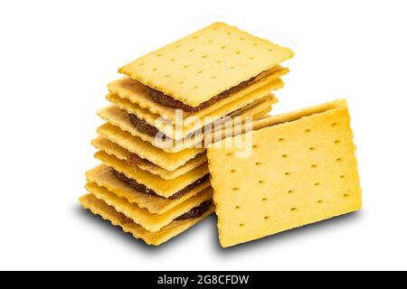High angle view stack of cheese shake biscuit filled with pineapple jam on white background with clipping path. Stock Photo