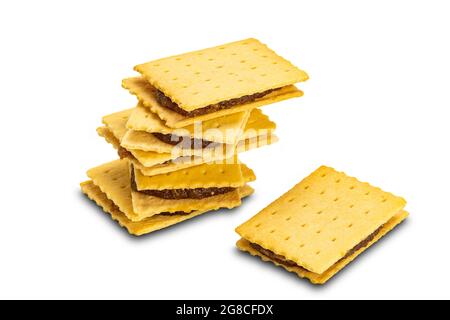 High angle view stack of homemade pineapple cheese shake biscuit isolated on white background with clipping path. Stock Photo