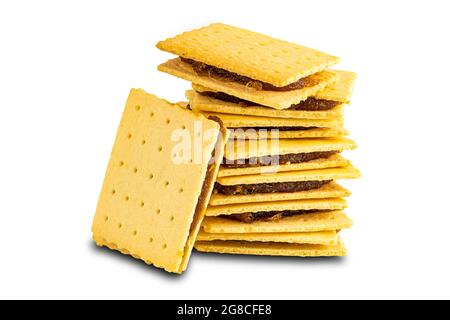 Side view stack of homemade cheese shake biscuit filled with pineapple jam on white background with clipping path. Stock Photo
