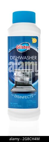 Winneconne, WI -18 July 2021:  A bottle of Glisten dishwasher cleaner on an isolated background Stock Photo