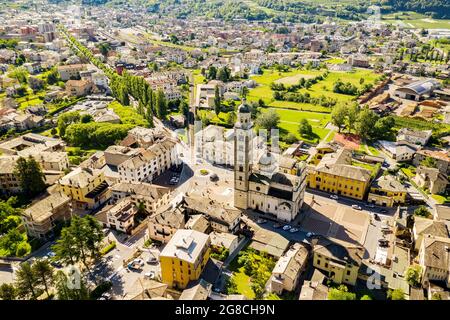 Tirano, Valtellina, Italy, Aerial view of the city and the Sanctuary of the Blessed Virgin Stock Photo