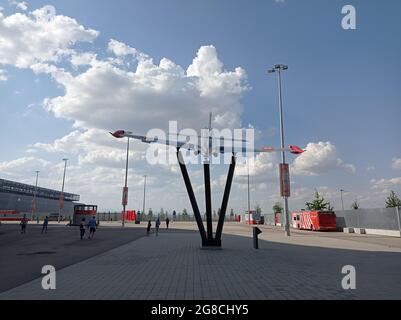 MADRID, SPAIN - JULY 12, 2021. Air Force plane in the mediations of the Wanda Metropolitano football stadium, in Madrid, Spain. Europe. Stock Photo