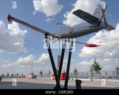 MADRID, SPAIN - JULY 12, 2021. Air Force plane in the mediations of the Wanda Metropolitano football stadium, in Madrid, Spain. Europe. Stock Photo