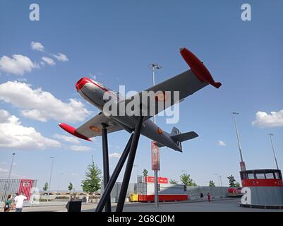 MADRID, SPAIN - JULY 12, 2021. Air Force plane in the mediations of the Wanda Metropolitano football stadium, in Madrid, Spain. Europe. Stock Photo