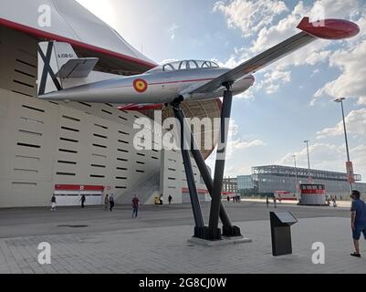 MADRID, SPAIN - JULY 12, 2021. Air Force plane in the mediations of the Wanda Metropolitano football stadium, in Madrid, Spain. Europe. Stock Photo