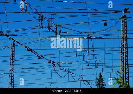 Overhead contact lines at the Frankfurt Heddernheim underground depot. Stock Photo