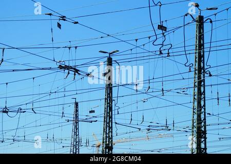 Overhead contact lines at the Frankfurt Heddernheim underground depot. Stock Photo