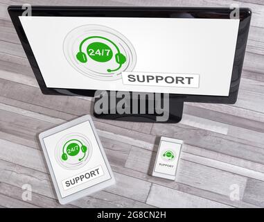 Support concept shown on different information technology devices Stock Photo
