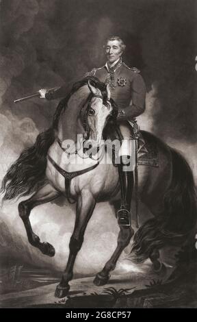 Field Marshal Arthur Wellesley, 1st Duke of Wellington, 1769 to 1852.  Anglo-Irish soldier and statesman.  Equestrian portrait, after an engraving by Samuel William Reynolds. Stock Photo