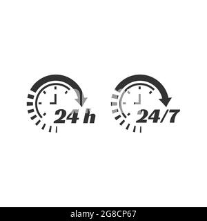 24 7 clock circle arrow for nonstop service icon. Non stop, twenty four seven hour open support vector. Stock Vector