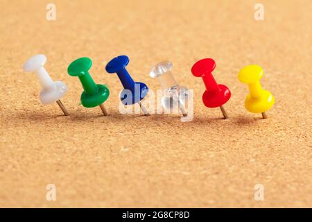 Group of thumbtacks pinned on corkboard in a row close up view Stock Photo