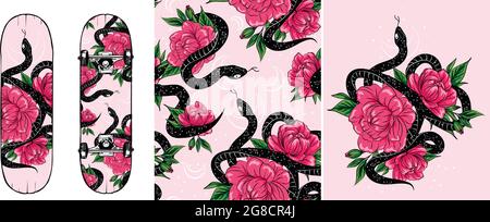 Snake with rose flower set of retro western boho illustrations, shirt fashion print vector image isolated on white background, print on skate Stock Vector