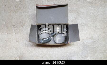 A Box of Hose Clamps Stock Photo