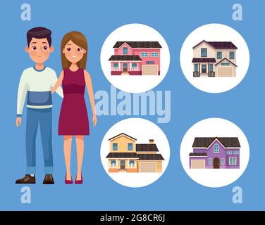 four houses and couple Stock Vector