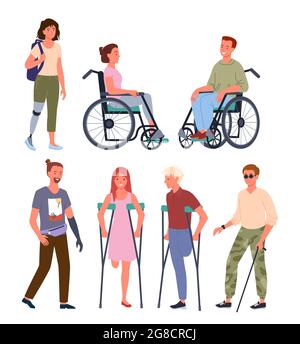 Cartoon smiling man and woman patient handicapped characters standing in row, sitting in wheelchair, holding crutches. Disabled handicap people vector Stock Vector