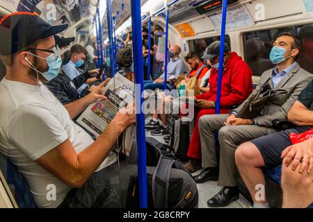London, UK. 19th July, 2021. The underground is not much busier in rush hour as, so called, 'Freedom Day' arrives. Credit: Guy Bell/Alamy Live News