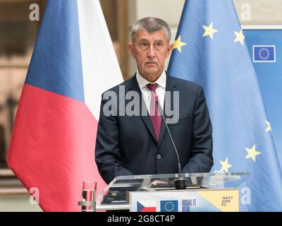 Prague, Czech Republic. 19th July, 2021. Czech prime minister Andrej Babis speaks during press conference related to the presentation of Recovery and Resilience Facility. Credit: SOPA Images Limited/Alamy Live News Stock Photo