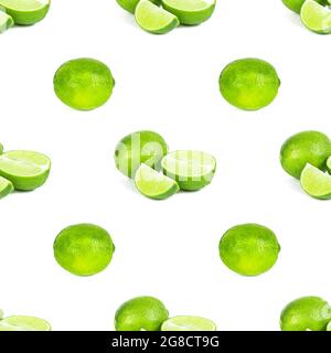 Green limes and lime slices repeat seamless pattern on white background. Stock Photo