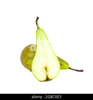 Fresh green organic whole pear close up isolated on white background. Stock Photo